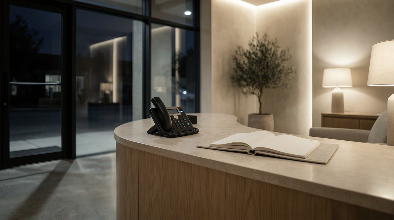 Empty front desk after hours with warm interior light